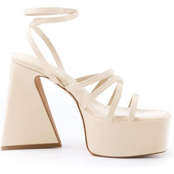 Women's Platform High Heels Sandals Square Open Toe Strappy Pumps Lace Up - Picture 3 of 7